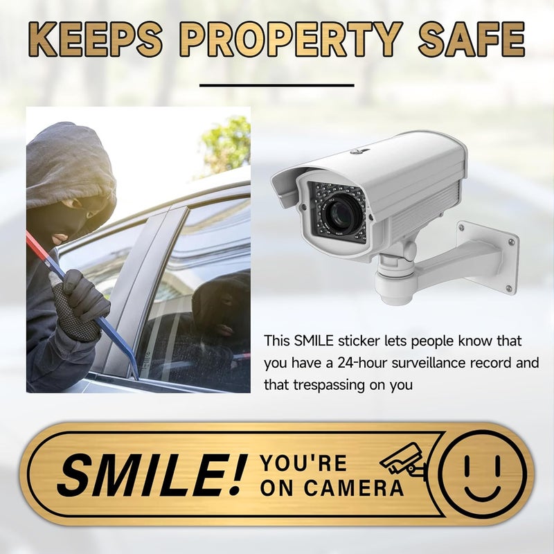 LUHIMO 8PCS Smile You're On Camera Sticker for Car, Self Adhesive Brushed Gold Durable Video Surveillance Sign Sticker, Security Camera Sign for Home, Business, Vehicles and Window（5" x 1"） - Image 4